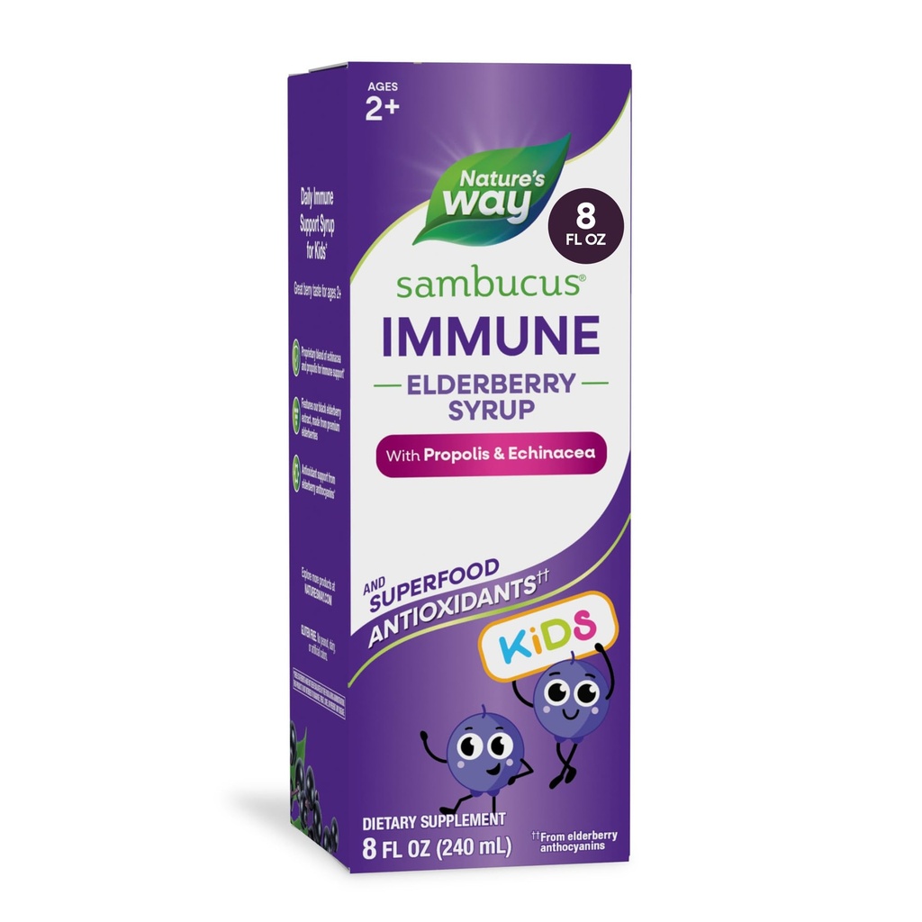 Naturens sätt Sambucus Elderberry Immune Syrup för barnåldrar 2 +, med Echinacea & Propolis, Immune Support Syrup *, Vegetarian, Berry Flavored, 8 Fl Oz