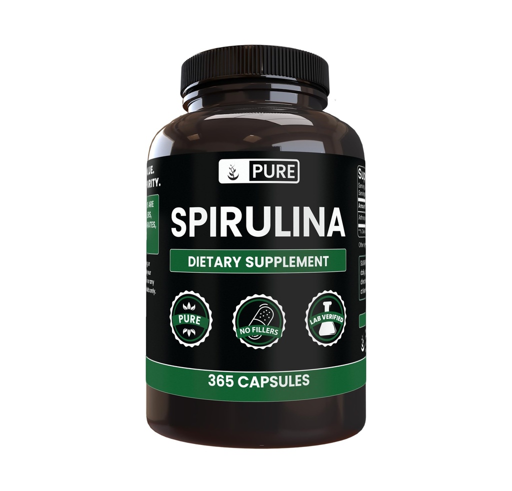 Puhdasta alkuperäisiä ainesosia Spirulina (365 kapselia) Ei magnesiumia tai riisiä täyteaineita, aina puhdasta, Lab varmistettu