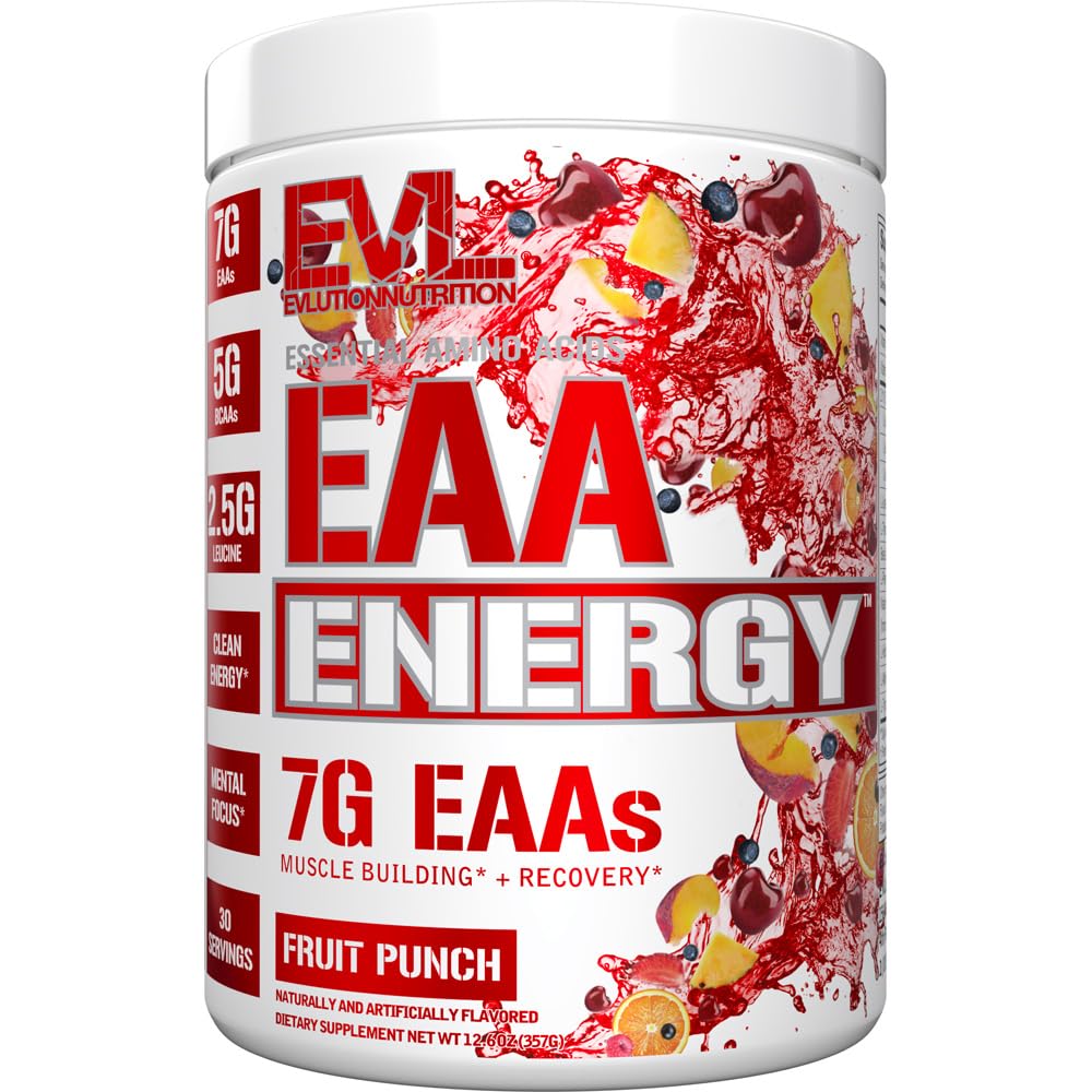 Evlution Nutrition EAA Energy - Pre &amp; Post Workout Powder - Lihas Building & Recovery Supplement - 7g Essential Amino Acids + 5g BCAAs - Clean Energy - kofeiini - 30 tarjoilut - hedelmäpunch