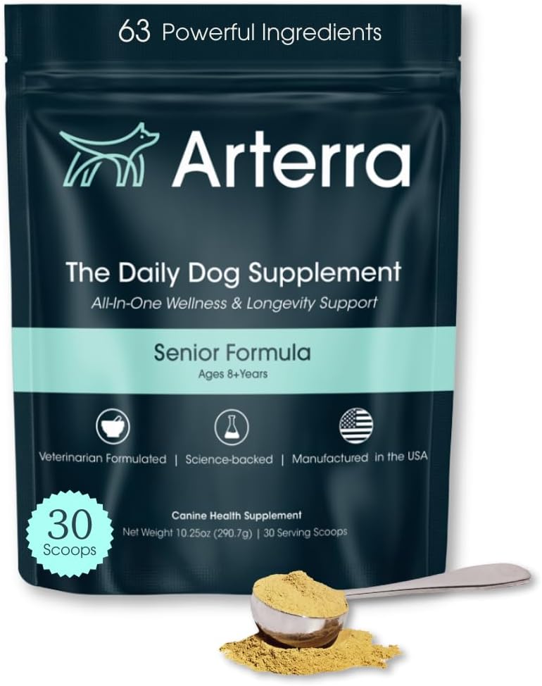 Senior Dog Powder Supplement & Food Topper - 63 Ingredienser för gemensam, Gut, Immune & Brain Health - Daglig Longevity Multivitamin med Glukosamin, Probiotika och fiskolja | 30 skopor