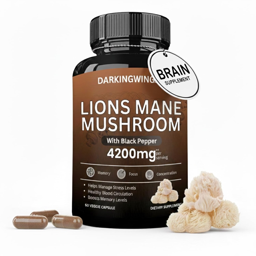 Lions Mane Mushroom Capsules | 4200mg Lion's Mane Mushroom Powder | Mushrooms Supplement Capsules för hjärnhälsa och stöd immunhälsa 60 Veg