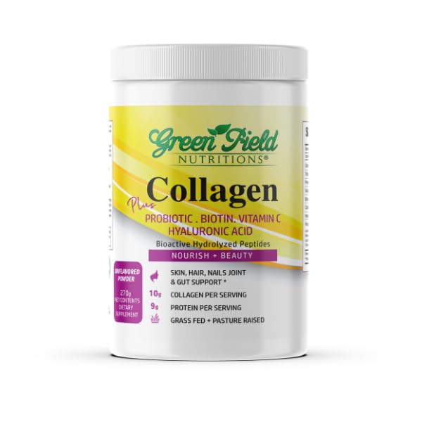 Greenfield Nutritions Halal Collagen Peptides Powder - 9g Halal Protein Probiootti, Biotiini, Hyaluronihappo & C-vitamiini - 270g Halal Collagen for Women & Men - tukee hiuksia, ihoa, kynnet, nivelet & Gut