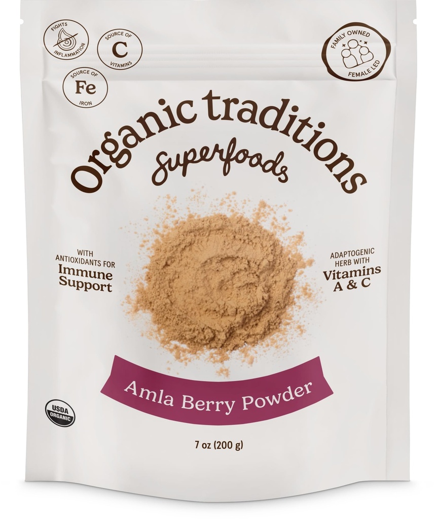 Organic Traditions Organic Amla Berry Powder, Jauhettu Amla Intian karviaismarja, ei-GMO Organic Powdered Fruit Superfood, 7oz (200g) Bag