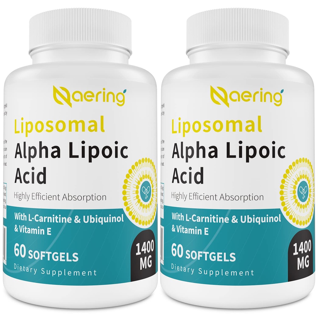 Liposomal Alpha Lipoic Acid 1400 mg Softgels, ALA-lisä L-karnitiini 1000 mg, Ubikinoli (Active CoQ10) 100 mg ja E-vitamiini 10 mg, Alfa-lipoiinihappo antioksidanttien, hermo, energia 120 Softgels