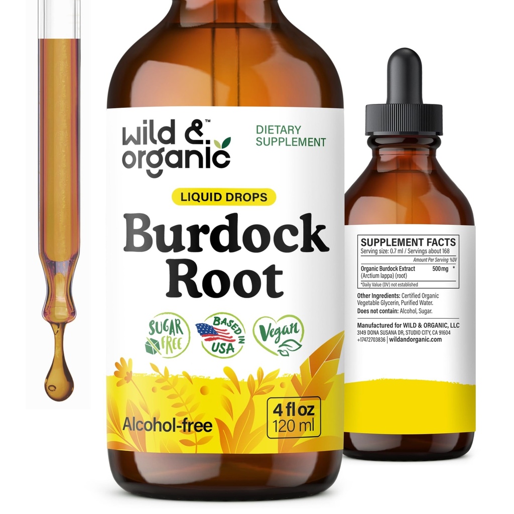 Wild & Organic Burdock Root Tincture - Liquid Supplement för antioxidant, Detox, Digestive Support - Burdock Root Herb Drops - Vegan, Sugar & Alkoholfri - 4 fl oz