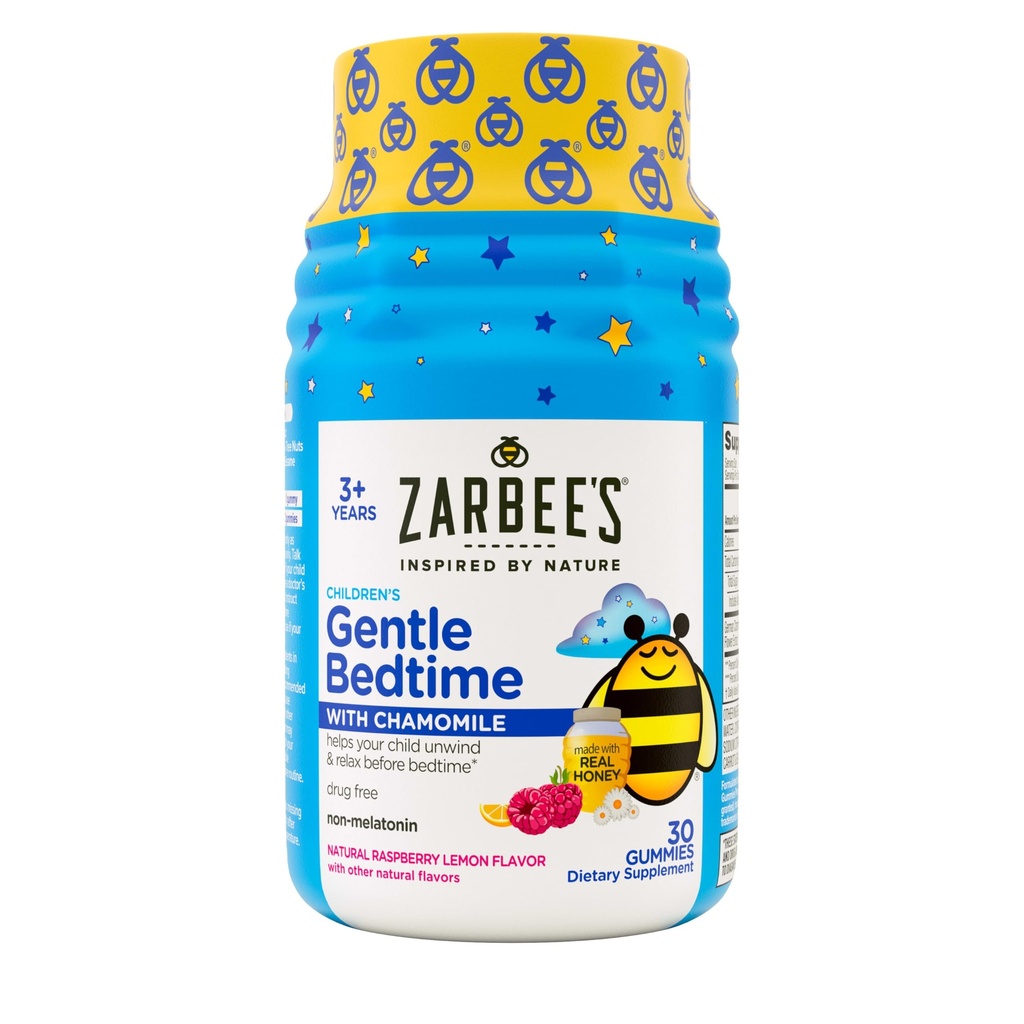Zarbee Gentle Bedtime Gummies lapsille - Melatoniinin vapaa Blend of Natural Honey, Vadelma sitruuna, ja kamomilla auttaa lapsia rentoutua ja rentoutua valmistautua uneen, 30ct