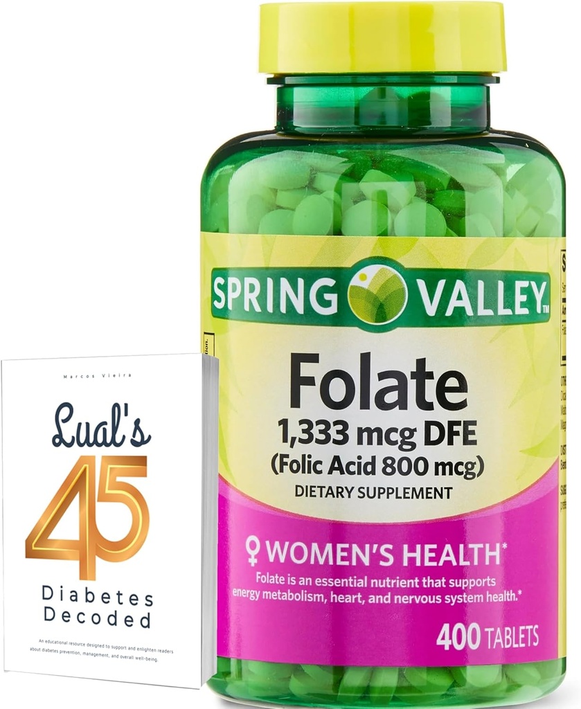 Folaatti 1 333 mikrog. Spring Valley Folaattia ravintolisä, 1 333 mikrog DFE, 400 kreivi, Folaattia täydentää naisten raskauden, Foolihappo 800 Bundle kanssa Luall's 45 diabetes dekoodattu