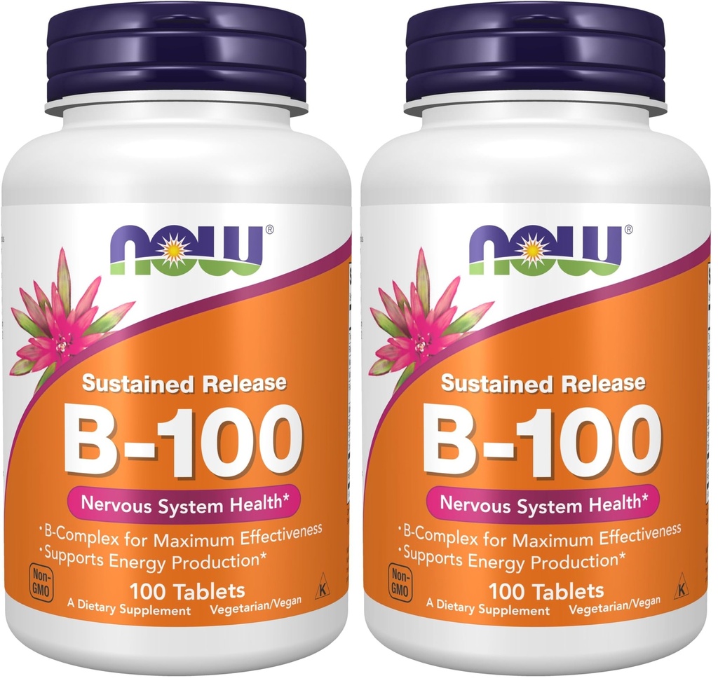 NOW Supplements, Vitamin B-100, Sustained Release, Energy Production*, Nervous System Health*, 100 tabletter (Pack of 2)