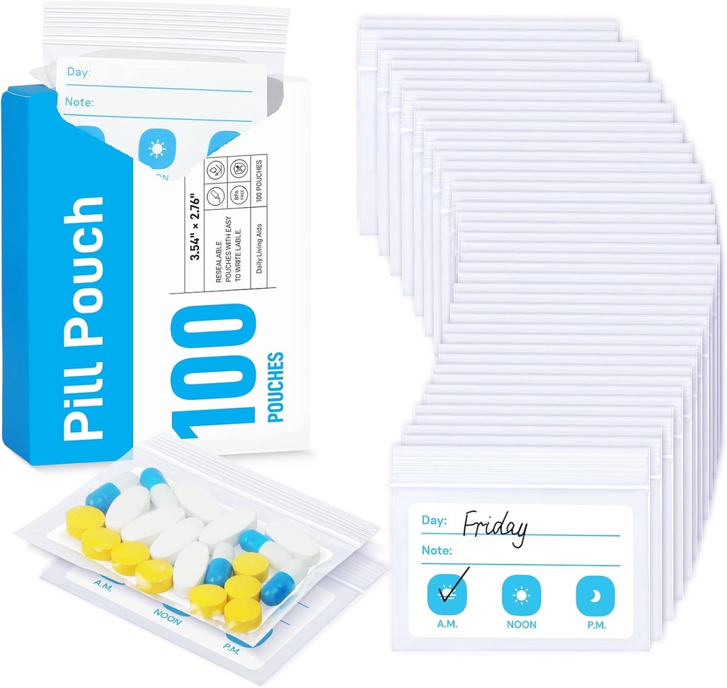 ZIKEE Pill Bags for Travel, Reusable Pill Pouches BPA Free 2.75 "x 3.54", Daily Medicine Bags med XL Capacity för 24 Fish Oils, Vitamin Organizer med Anpassningsbara Skriv-on Area (100 greve)