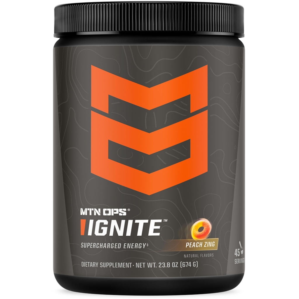 MTN OPS Ignite Energy Drink Powder, Gluteeniton Nootropic Supplement Drink Mix, L Arginine, L Sitrulline, Cofeine & Nootropic Sugar Free Drink Mix, 45 tarjoilua, Persikka Zing