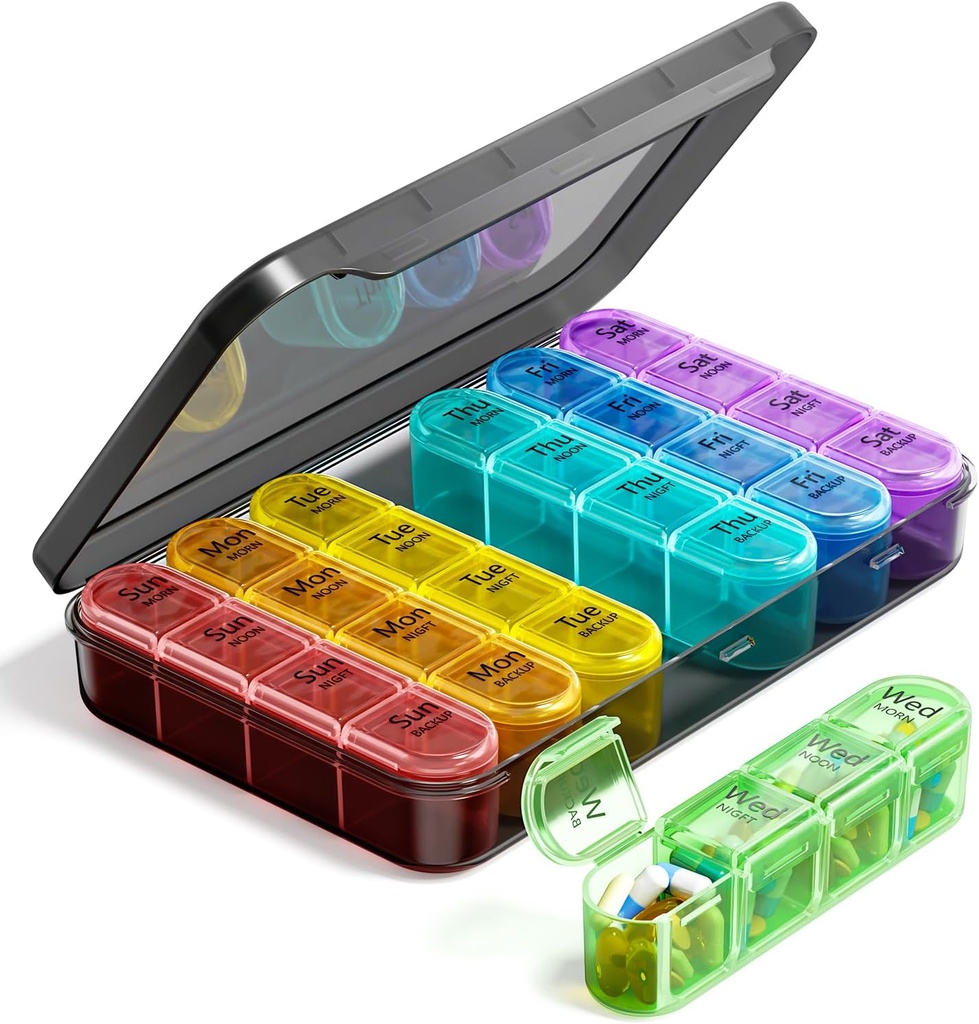 Odaro Weekly Pill Organizer 4 Kertaa päivässä, BPA ilmainen päivittäin pillerilaatikko 7 päivää, suuri matka pilleri tapauksessa 28 Osasto Hold Medicine, Vitamiini ja täydentää