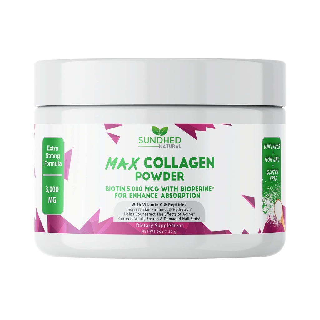 Max Collagen Plus C (30 päivän toimitus) - Kaikki luonnollinen kollageeni jauhe Biotiini & Bioperine Boost anti ikääntyminen Hydration & ihon kiintymys - 500 mg C-vitamiini - Vahvista luut ja kynnet