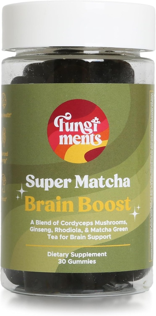 Fungiments Super Matcha - Cordyceps Mushrooms, Green Tea Powder, Ginseng, Rhodiola - Daglig energi och uthållighet (30 Mushroom Gummies)