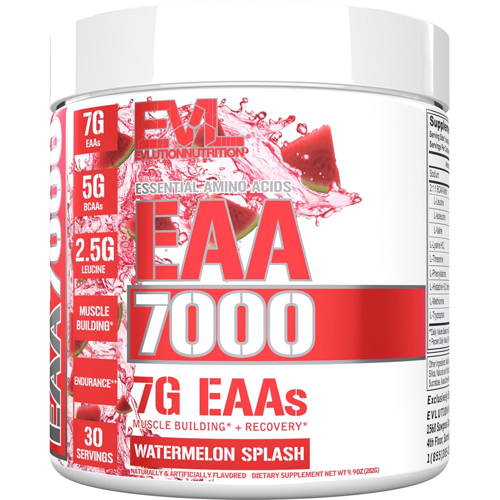 Evlution Nutrition EAA7000 - Pre &amp; Post Trenout Powder - Lihas Building + Recovery Supplement - 7g Essential amino Acids + 5g BCAAs - Endurance + Energy Support - 30 Tarjoilut - Watermelon Splash