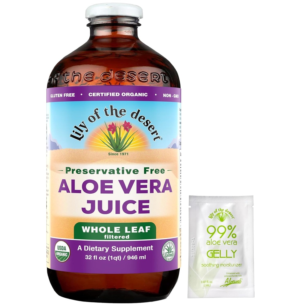 Lily Of the Desert Aloe Vera Juice, Säilöntäaineeton - Koko lehti Aloe Vera Drink Natural Vitamiineja, Ruoansulatuskanavan Entsyymit Gut Health, Vatsanlievitys, Wellness, Glowing Skin, Gelly Sachet mukana