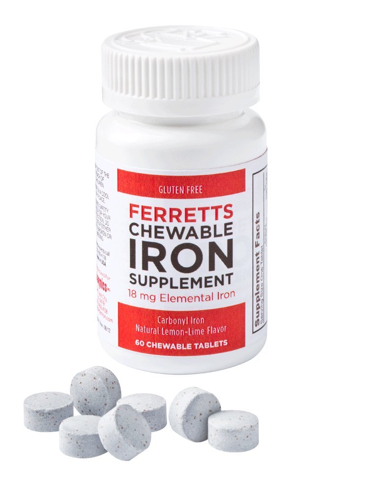 Ferretts Pureskeltava rauta Supplement 18mg (karbonyylirauta) - 60 päivän tarjonta sitruuna-liime makuja Iron Puruaineita Iron Definibility - Hellävarainen & Ei-kosteuttava Iron Supplement Chewables (60ct.)