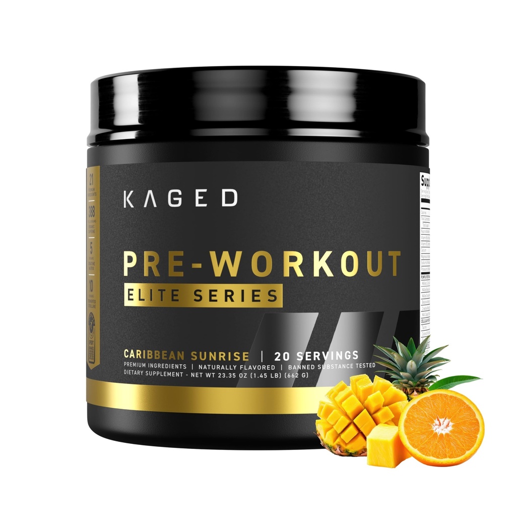 Kaged Pre Treenout Powder Pre-Workout Elite miehille & naisille High Stimulant for Energy, Focus, Pumput L-Citrulline, Beta Alanine, Creatiini & 388mg Luomu kofeiini Caribbean Sunrise tarjoilu