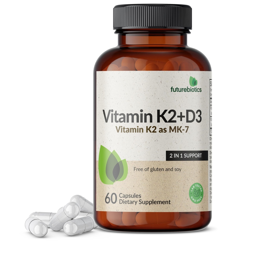 Futurebiootit K2-vitamiini (MK7) D3-lisä - ei-muuntogeeninen Formula - 5000 IU D3-vitamiini & 90 mikrog K2-vitamiini MK-7, 60 kasvissyöjän kapselit