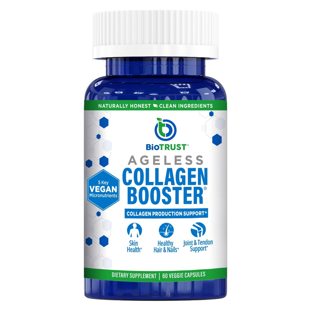 BioTrust Ageless Collagen Booster, Powerfully Support Kauneus sisältä, Vegan Collagen Builder Glowing Skin, Upeat hiukset, Kauniit kynnet, Terve nivelet, 60 kapselia (30 palvelinta)