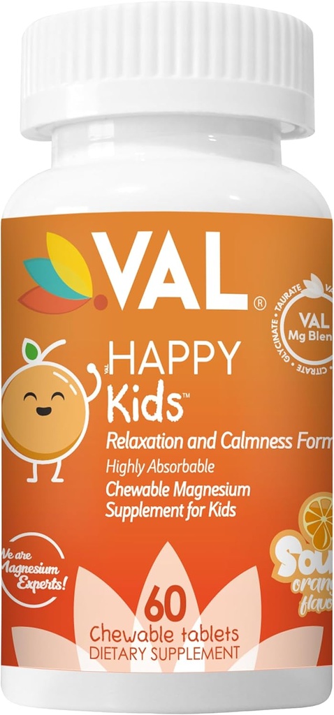 VAL Kids Magnesium | Calm + Focus Formel | 100mg Mg (Glycinate, Citrate, Taurate) + B6, D3, C | Sugar-Free, Non-GMO | Fun Chewable Tablets | Orange smak | 60 Ct