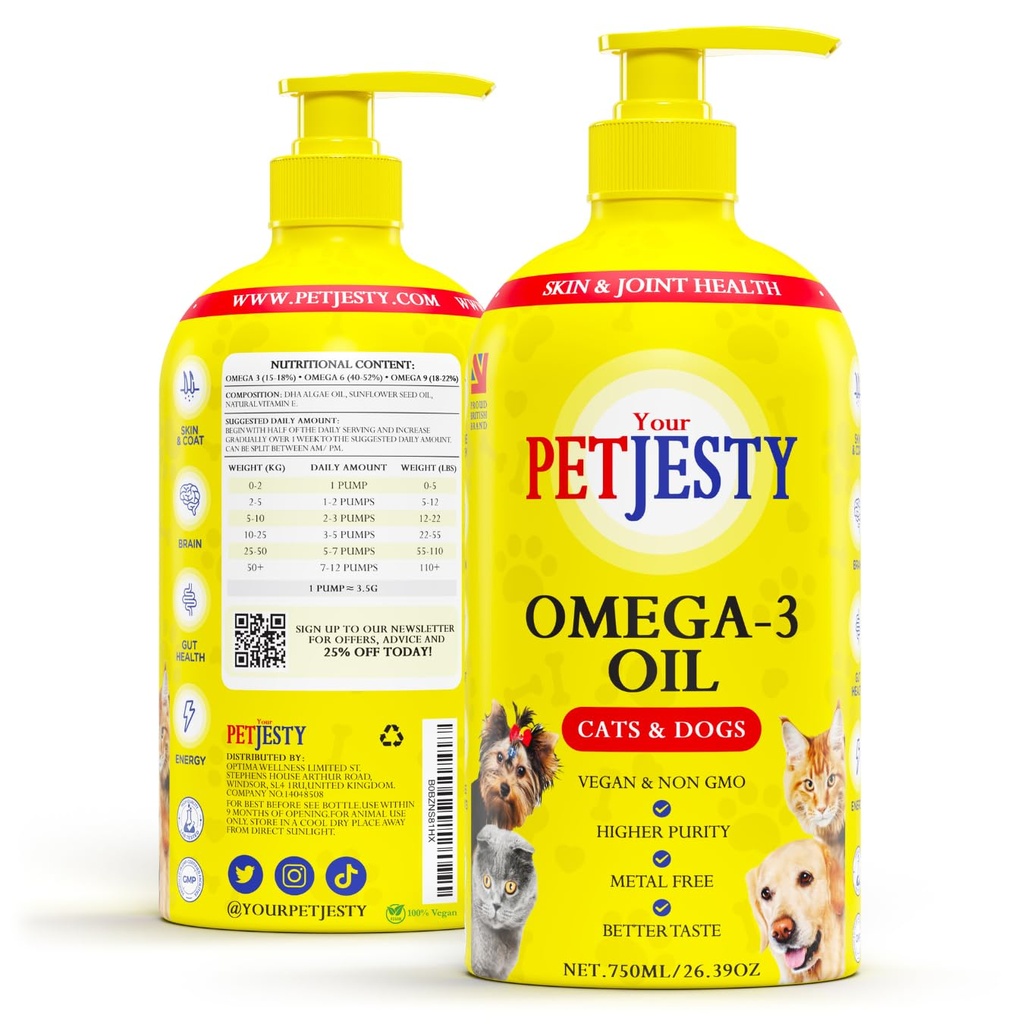 PetJesty Pure Omega 3 Oil för hundar och katter 26.39oz - Omega 3 Skin & Coat Support- Liquid Food Supplement för husdjur - Vegan husdjur + DHA för gemensam funktion, Immune & Heart Health, Non Fish Oil Dog och katt