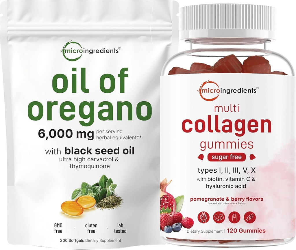Micro Ingredients Oil of Oregano Softgels 6000mg per Serving & Multi Collagen Peptides Gummies Bundle Pack ... 4X Strength Carvacrol & Thymoquinon ...