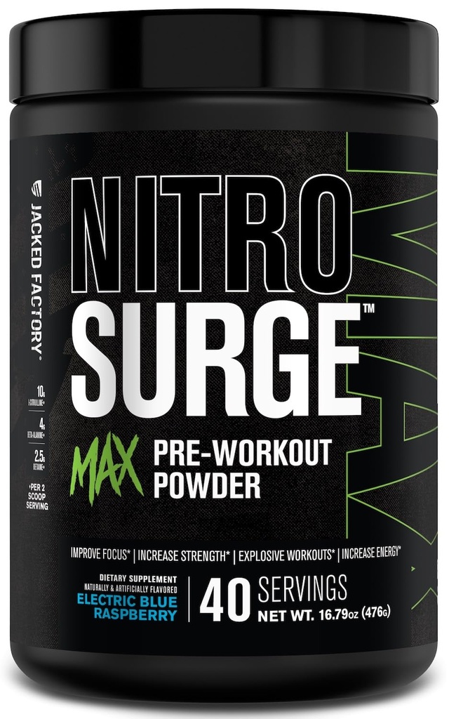 Jacked Factory Nitrosurge Max High Performance Pre Treenout Powder - Pre Treout w/Nootropic Ingredients for Intense Focus, Pumps, Smooth Energy, Endurance - 40 Tarjoilut, Electric Blue Vadelma