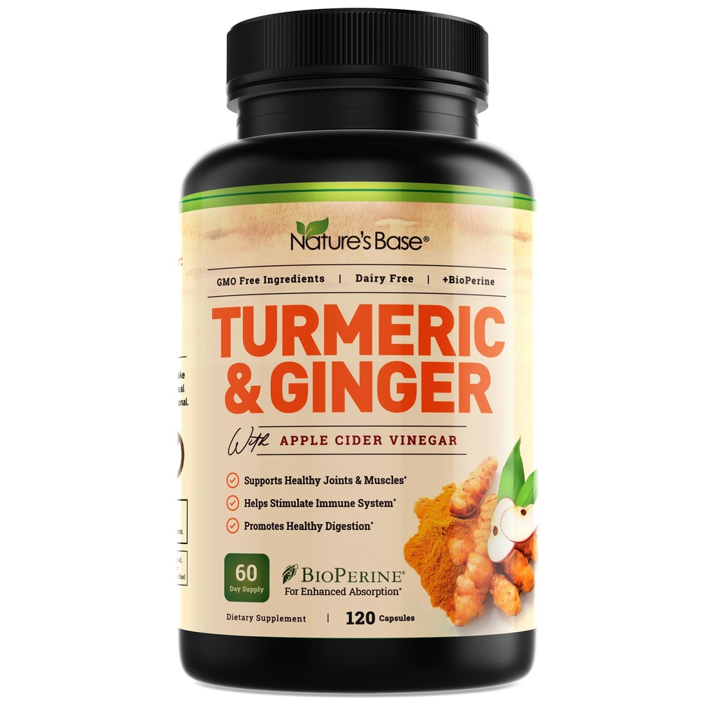 Nature's Base Turmeric ja inkivääri täydentää - kanssa Curcumin, Apple Siideri Viinietikka & BioPerine Black Pepper Extract - 95% Curcuminoidit - 120 kapselia