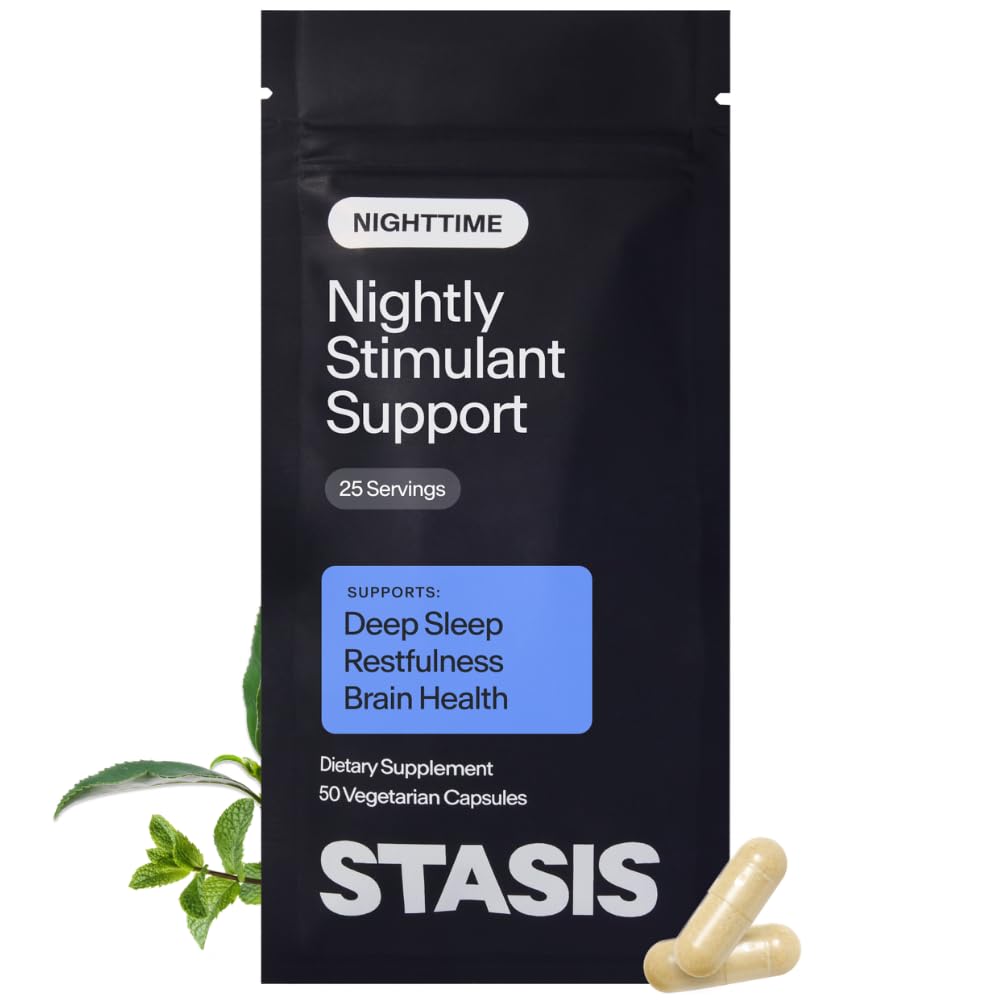 Stasis Nighttime - Lugn och sömnkapslar för att parera med Stimulant - Skullcap, Magnolia Bark, Magnesium för sömn och Astaxanthin Supplements för avkoppling och humörsupport - 25 portioner
