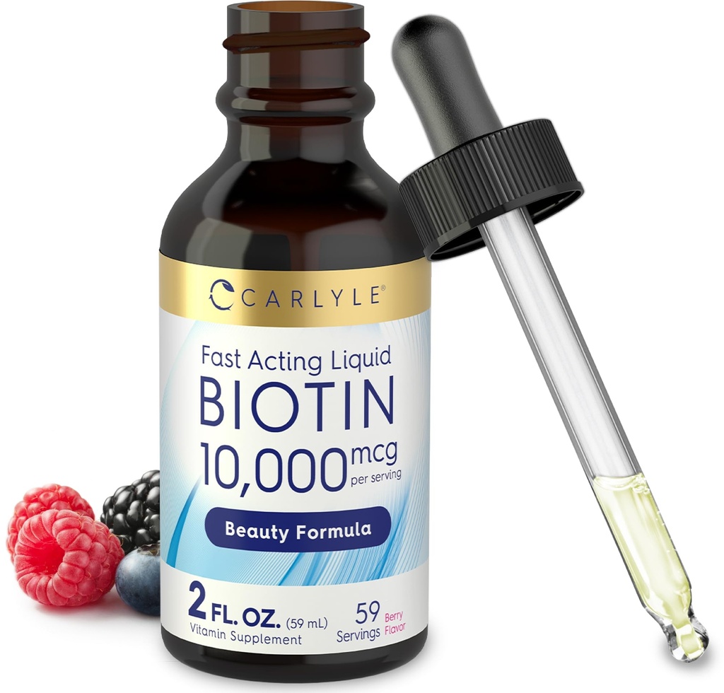 Carlyle Liquid Biotin 10000 mcg ... 2 oz... Extra Strength Drops... Kasvisruokaa, ei-muuntogeenisiä organismeja, gluteeniton lisäaine