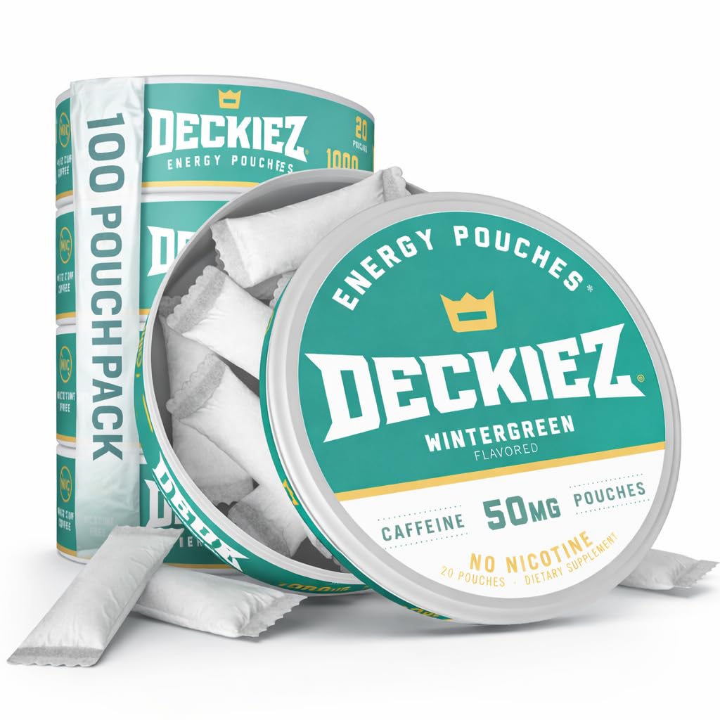 Deckiez Energy Puches, 5 tölkkiä (100 pussia), sokeriton kofeiini täydentää, kahvipussit & energiajuoma Vaihtoehtoinen, 50 mg kofeiini pussit, Wintergreen Flavor
