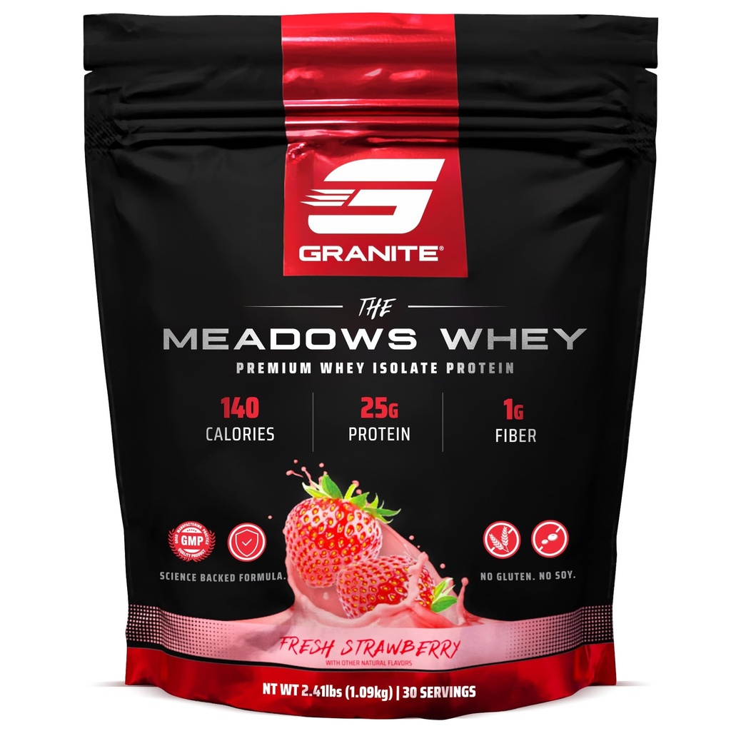 Graniitti täydentää Meadows Whey Protein Isolate Protein Powder for Lean Muscle 150 kaloria, 2g kuitua, 1g sokeria (30 tarjoilua), tuore mansikkamaku