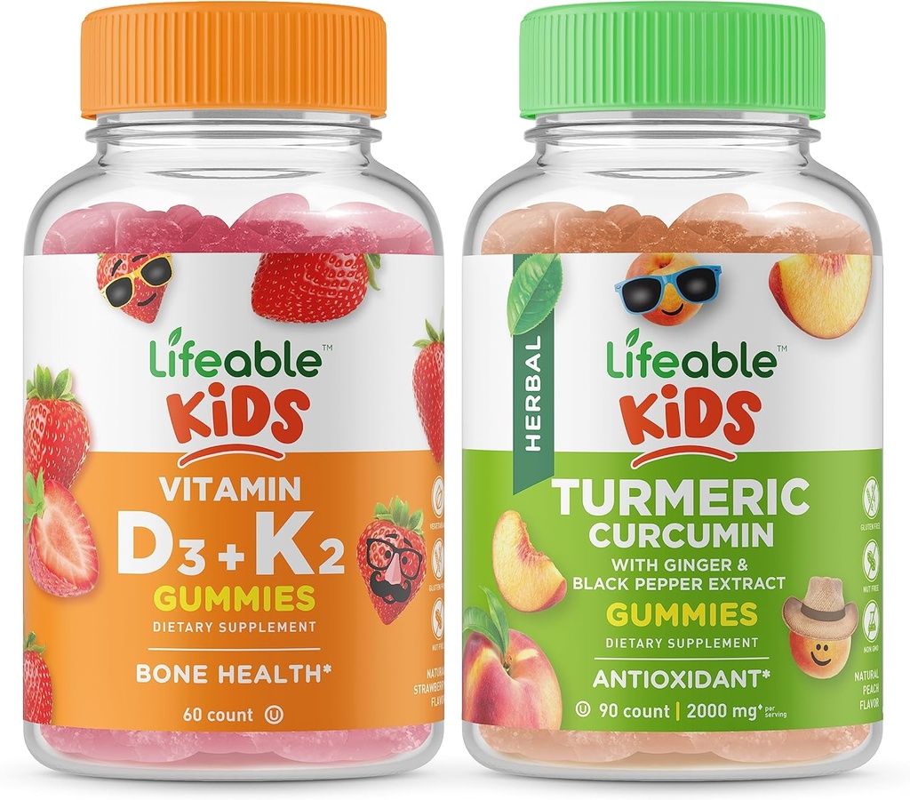 Livlig vitamin D3 + Vitamin K2 Kids + gurkmeja Curcumin Kids, Gummies Bundle - Great Tasting, Vitamin Supplement, Gluten Free, GMO Free, Chewable Gummy