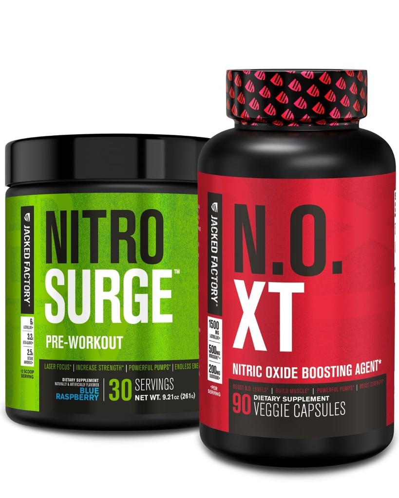 Jacked Factory Nitrosurge Pre-Workout i Blue Raspberry & N.O. XT Nitric Oxide Booster för Män & Kvinnor