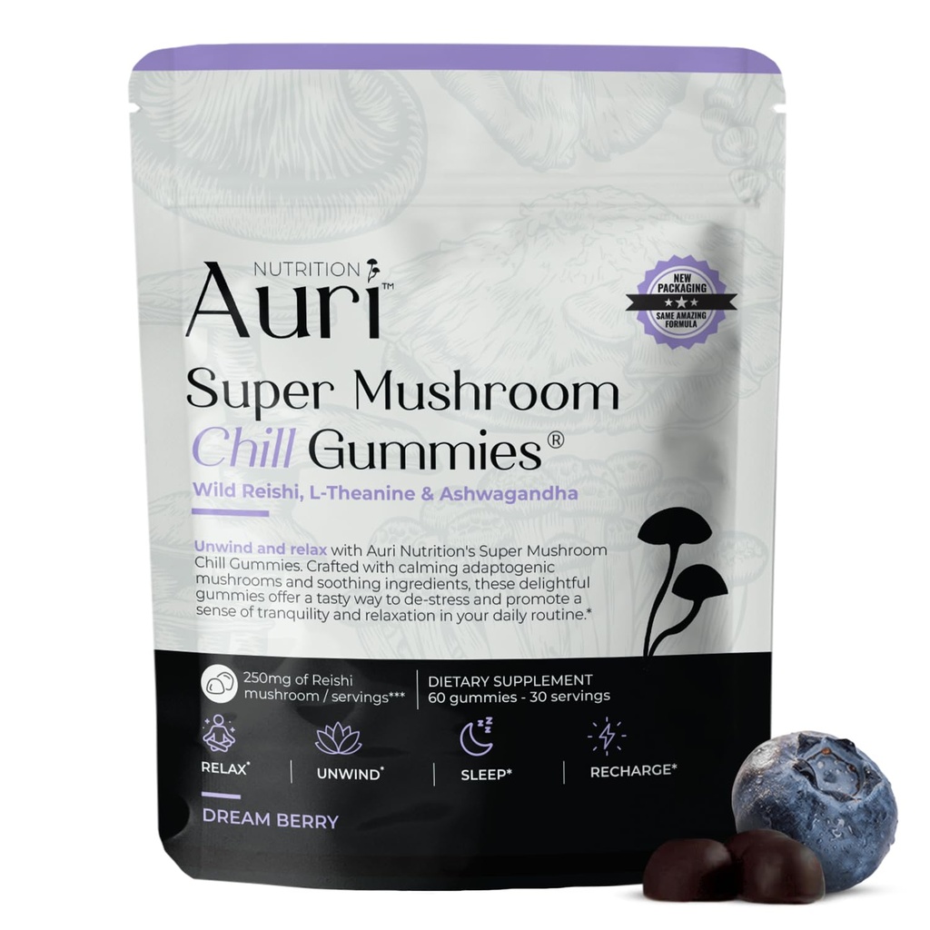 Auri Super Mushroom Chill Gummies - Natural Calming Aid & Stressin vähentäminen täydentää aikuisille w/Reishi Sieni, Ashwagandha, L-Theanine - rento mielen ja harmonisoida päiväsi - 60 rauhoita Gummies