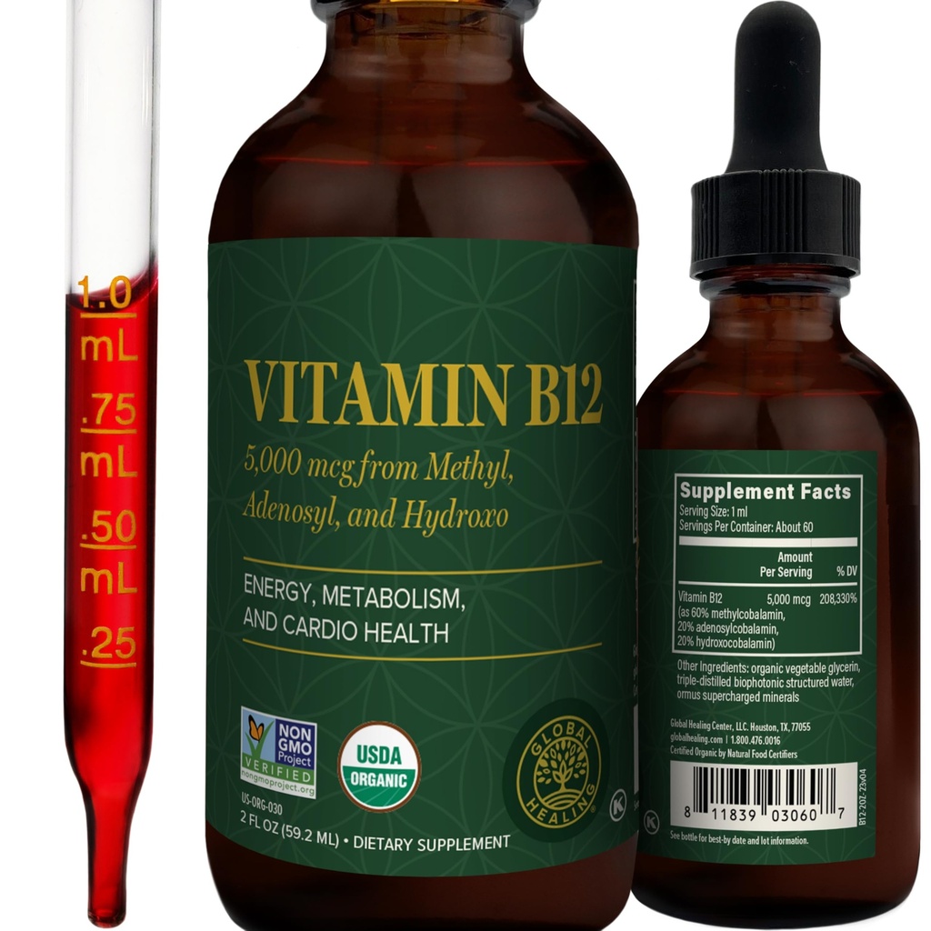 Parannus - Orgaaninen B12 5000 MCG Sublingual Liquid - Methylcobalamiini, Hydroxo Blend & More - Methylated Drops for Aikuinen - Vegaani, ei-GMO, VIT B12, Vitamiineja täydentää (2 Oz)