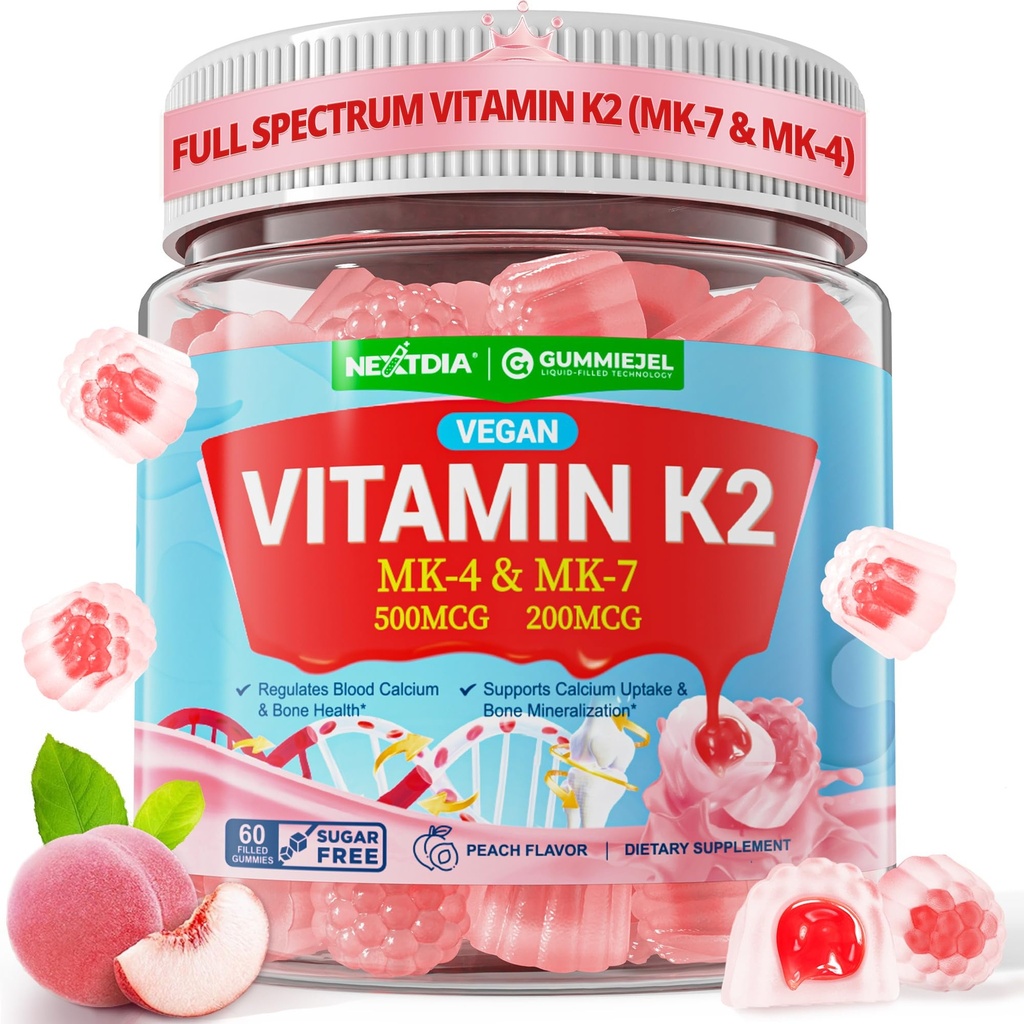 Vitamin K2 Gummies MK-7 200 mcg & MK-4 500 mcg för kvinnor och män Sugar Free, Perfekt 2-IN-1 Full Spectrum Vitamin K2 Supplement för ben, He-art, främjar Calcium Absorption, Brain, Teeth, Immune,1Pack