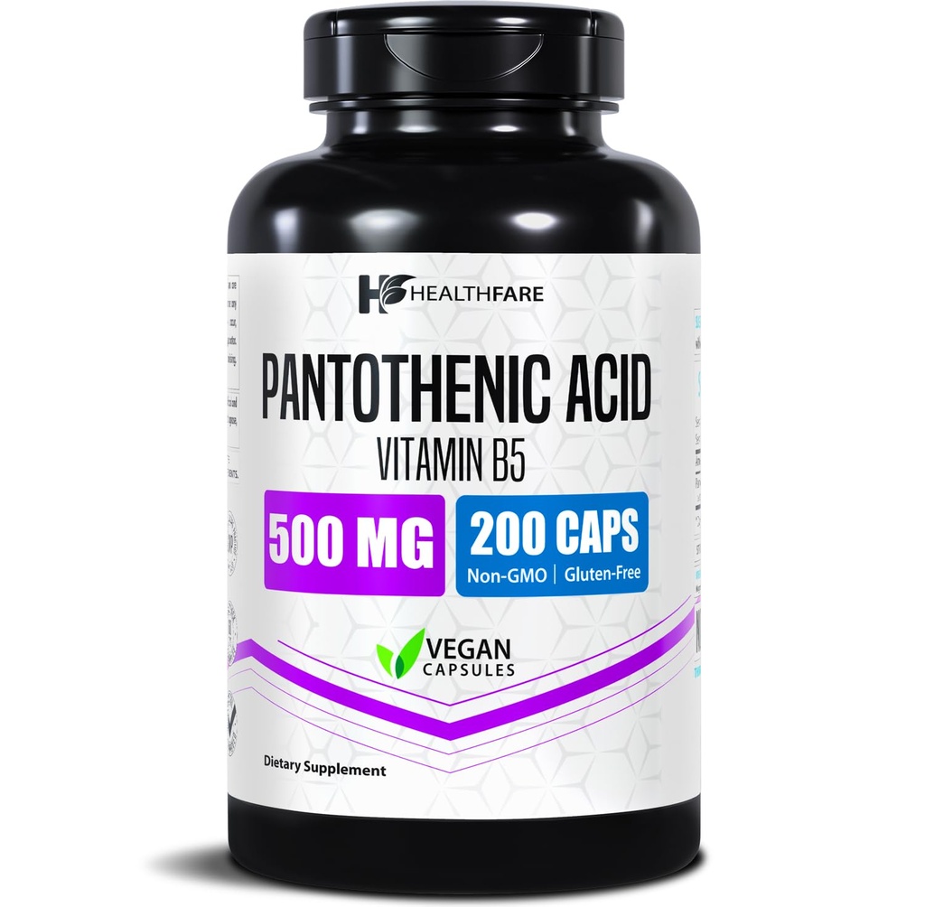 Healthfare Pantotenic Acid 500 mg B5-vitamiinin täydentää ... 200 Vegaanikapselia...