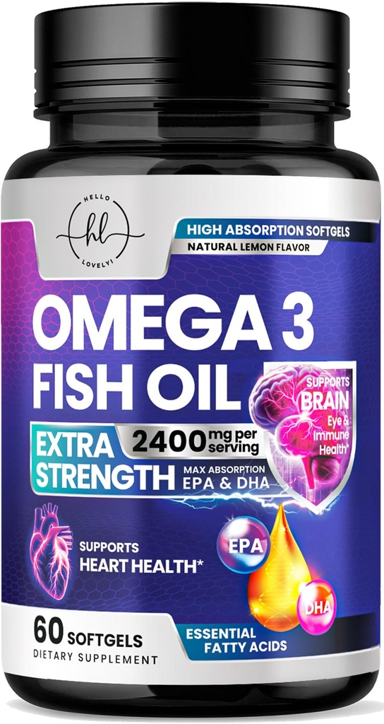Omega 3 Fish Oil Supplements 2400mg - Triple Strength Omega 3 Fatty Acids, Natural Heart Health Brain & Joint Support - Fatty Acids med EPA & DHA - Wild Caught Fish Oil Supplement - 60 Softgels