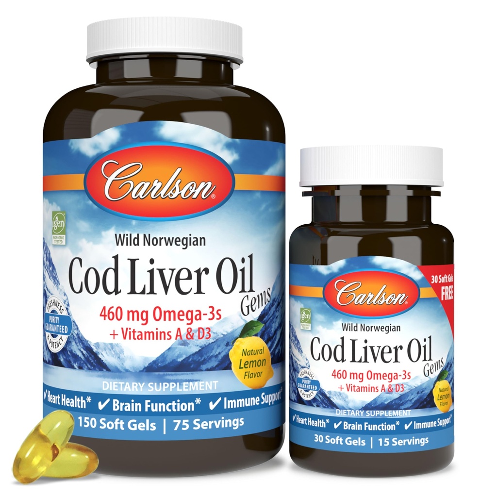 Carlson - Cod Liver Oil Gems, 460 mg Omega-3, Plus Vitamin A och D3, Wild Caught Norwegian Arctic Cod, Sustainably Sourced Nordic Fish Oil Capsules, Lemon, 150 + 30 Softgels