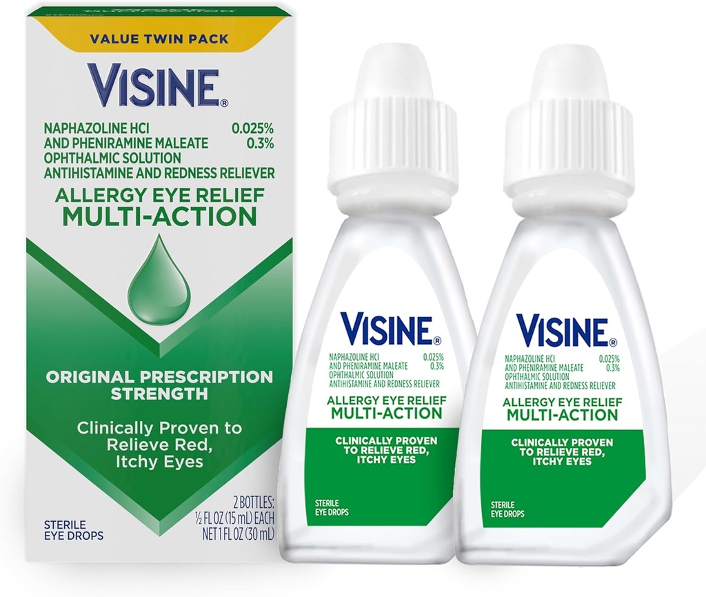 Visine Allergy Eye Relief Multi-Action Antihistamine & Redness Reliever Eye Drops med Pheniramine Maleate & Naphazoline HCl, Eye Drop Behandling för Red, Itchy, Allergy Eyes, 0,5 fl. oz, 2 Pack