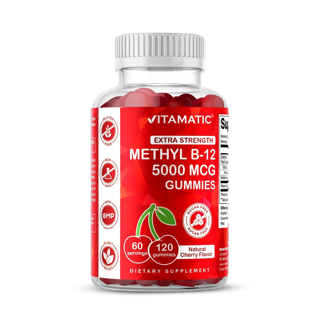 Vitamaattinen Ekstra vahvuus B12 5000 mikrog (Metyyli B12) Gummies - 120 Count - Energy Metabolia tuki ja hermoston terveystuki, luonnollinen kirsikka maku (1)