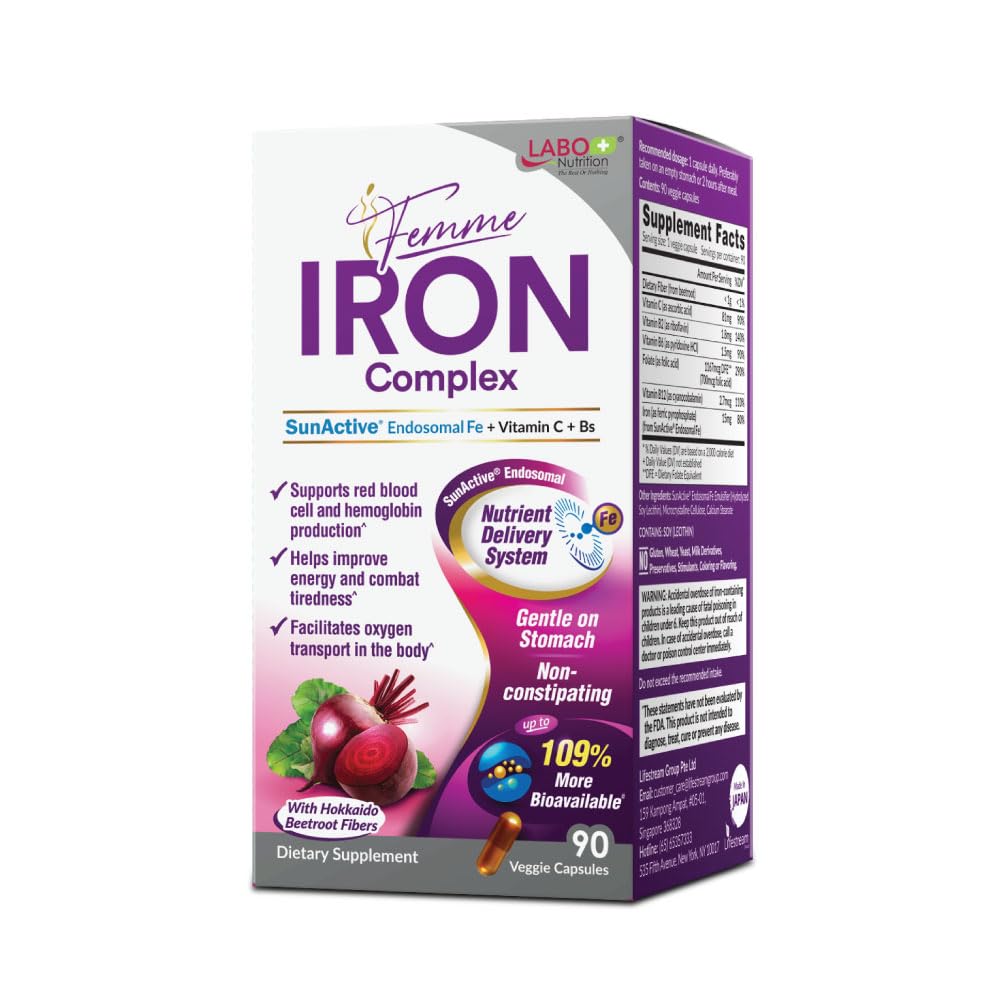 LABO Nutrition Femme Iron Endosomal SunActive, Irriterande 15mg Iron Supplement för Blood Builder, Vegan, Gentle, No Metallic Aftertaste, Non Constipating, Idealisk för känsliga magar, 90 Count