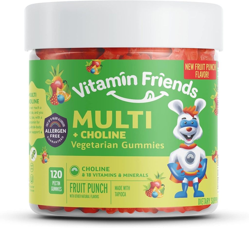 Vitamiini ystävät - kasvissyöjä Multivitamiini & Koliini lapsille - Daily Nutritional Support Gummies w/Vitavan C, D, E, A, B6, Sinkki, Foolihappo, Koliini, Selenium, Niasiini, Thiamin, Biotiini (30 päivän tarjonta)