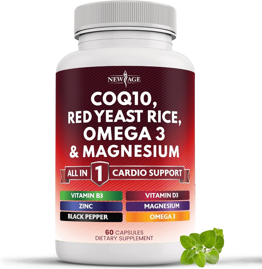 NEW AGE COQ10 200mg Punainen Hiiva Riisi, Omega 3, Magnesium Complex, Sinkki-vitamiini K2 D3 - Heart Health Tuki vitamiineja naisten ja miesten B3-vitamiini, Coenzyme Q10-60 Count