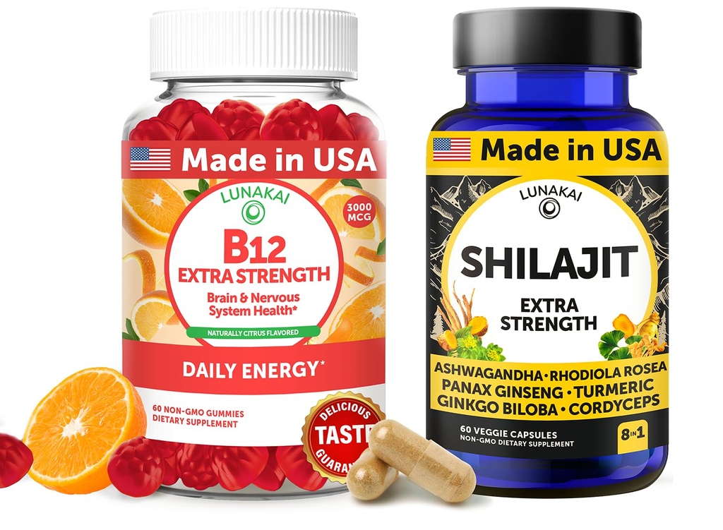 Lunakai USA Made B12 Gummies & Shilajit Kapselit Bundle ... extra vahvuus Daily Energy & Wellness Tuki