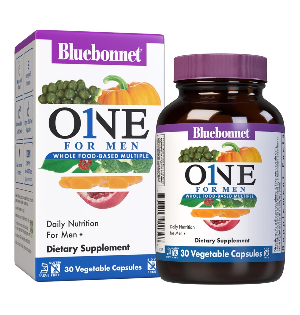 Bluebonnet Nutrition One for Men Whole Food-Based Multiple, Daily Nutrition*, Non-GMO, Vegetarian Friendly, Kosher, Gluten-Free, Soy-Free, Dairy-Free, Iron Free, 30 Vegetariska kapslar, 30 portioner