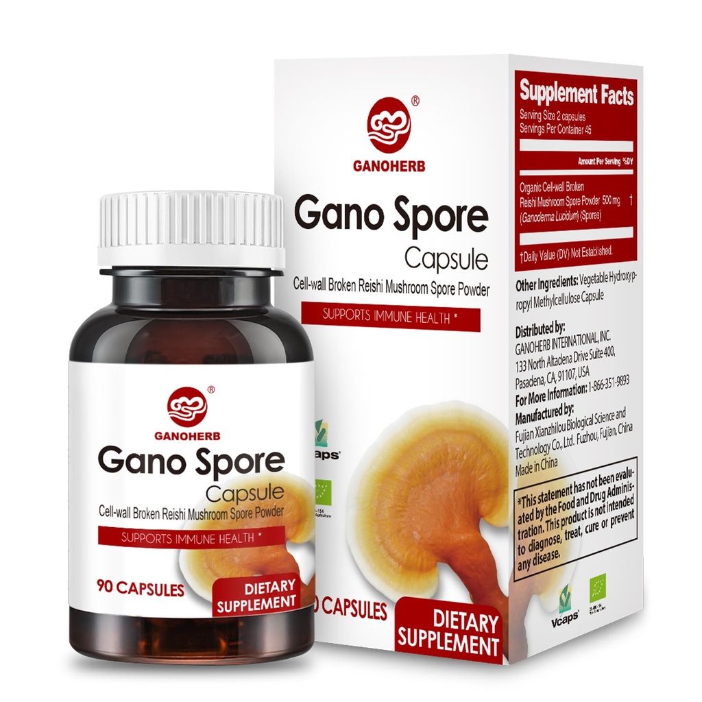 Organic Reishi Mushroom kapselit 100% Ganoderma Lucidum Reishi Spore Powder for Boost Immune System, Vegan, Kaikki luonnolliset, ei-GMO & Gluteenittomat, 60 kasviskapselit