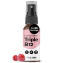 Täydennys Vegaani vitamiini Triple B12 Liquid Spray- 1500 mikrog Blend (60 tarjoilua) Vadelma maku parannettu Imeytyminen, energia, mieliala, hermosto, kognitiivinen toiminto lapsille ja aikuisille