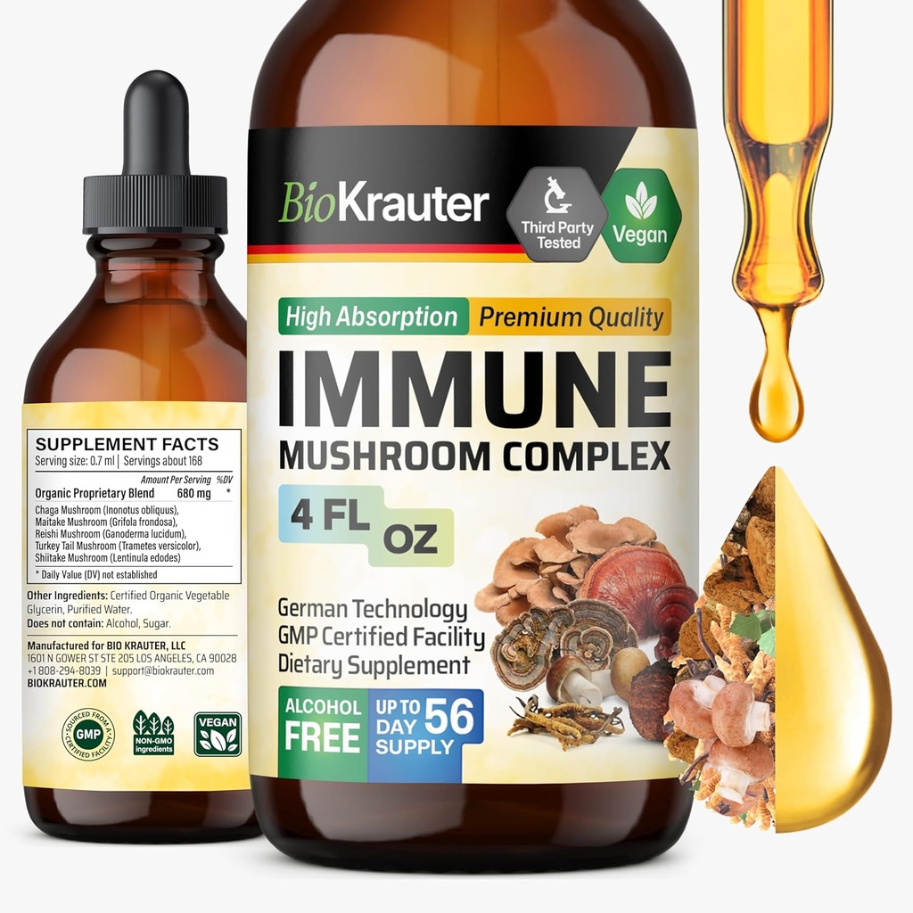 BIO KRAUTER Immune Support Mushroom Supplement - Lions Mane, Shiitake, Turkiet Tail, Reishi, Chaga & Maitake Liquid Extract - Mushroom Complex Tincture - Vegan Drops 4 Fl.Oz.